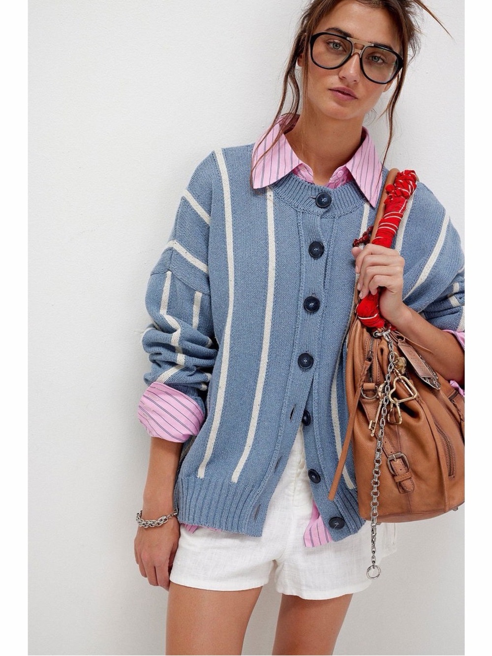 Free People We The Free Valencia Cardigan Sweater in Blue & White Stripe